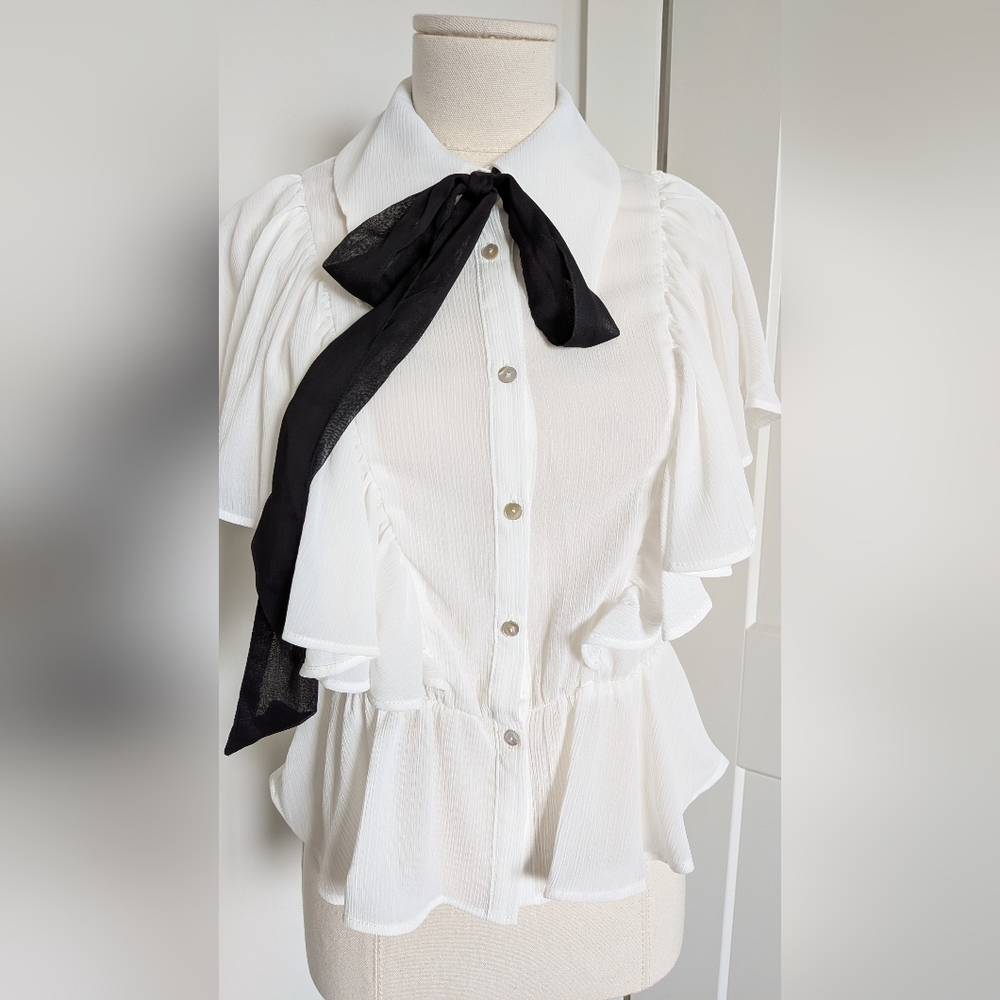 NWT Zara White Button up Ruffle Sleeve Blouse with Black Neck Tie XS - Picture 3 of 8
